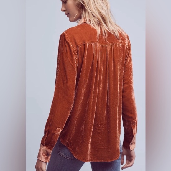 Anthropologie Holding Horses Rust Orange Crushed Velvet Silk Button Down Size S - Picture 9 of 15